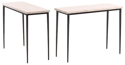 PAIR IRON CONSOLE TABLES HAVING ITALIAN BOTTICHINO MARBLE TOPS. Pair iron console tables having 