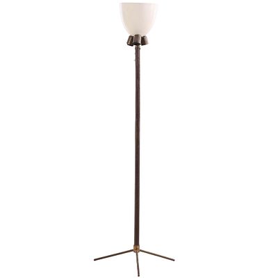 A LEATHER WRAPPED FLOOR LAMP RESTING ON BRONZE FEET IN THE MANNER OF JACQUES ADNET C 1950. A 