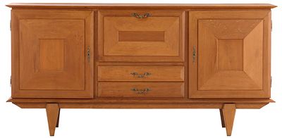 A SIMPLE FRENCH OAK SIDEBOARD HAVING TWO DOORS AND A FALL FRONT BAR SECTION C 1945. A simple 