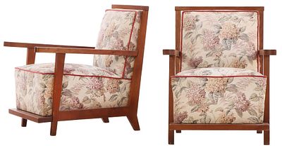 PAIR OF FRENCH OAK UPHOLSTERED LOUNGE CHAIRS HAVING LOOSE CUSHIONS AND OPEN ARMS C 1945. Pair 