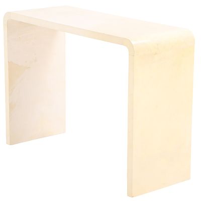 PARCHMENT COVERED CONSOLE TABLE IN THE MANNER OF JEAN-MICHEL FRANK HAVING A WATERFALL EDGE,. Parc 
