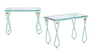 PAINTED IRON AND BRASS GLASS TOP END TABLES IN THE MANNER OF JEAN ROYERE. Painted iron and 