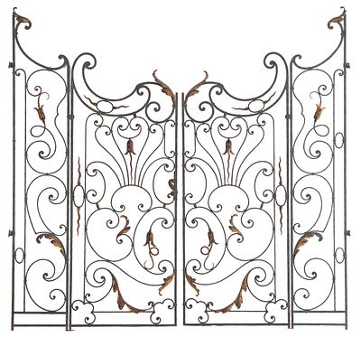 PAIR OF FRENCH ART NOVEAU STYLE PAINTED AND GILT IRON GATES WITH STANCHIONS C 1940. Pair of 