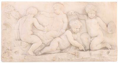 CARVED MARBLE CHIMNEYPIECE TABLET DEPICTING PERSONIFICATIONS OF THE ARTS C 1880. Carved marble 