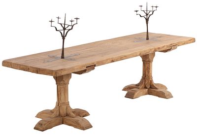 RARE FRENCH OAK DOUBLE PEDESTAL BANQUET TABLE HAVING REMOVABLE IRON CANDELABRA SET INTO THE TOP. 