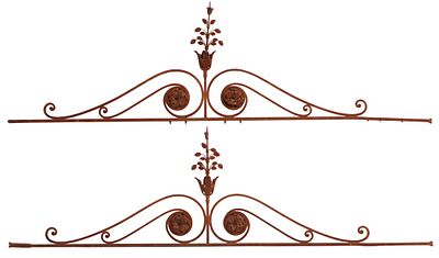 ELEGANT PAIR OF LARGE WROUGHT IRON SCROLL FORM PEDIMENTS WITH FLOWERS AND LEAVES C 1910. Elegant 
