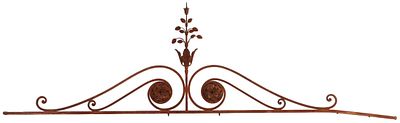 ELEGANT LARGE WROUGHT IRON SCROLL FORM PEDIMENT WITH FLOWERS AND LEAVES C 1910. Elegant large 