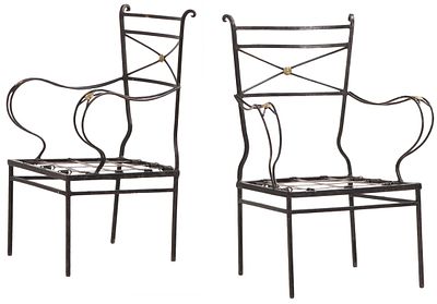 PAIR OF IRON NEO-CLASSICAL STYLE BRONZE MOUNTED OPEN ARM CHAIRS ATTRIBUTED TO COMTE C 1940. Pair 