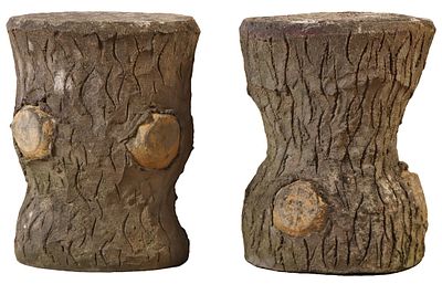 PAIR OF FRENCH CAST STONE FAUX BOIS STOOLS. ENSUITE WITH PREVIOUS LOT. Pair of French cast 