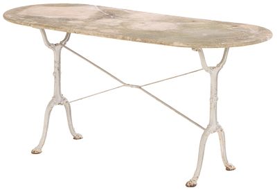 LARGE FRENCH CAST IRON BISTRO TABLE WITH OBLONG MARBLE TOP C 1940. Large French cast iron 