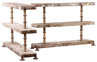 GREAT PAIR OF FRENCH WOOD AND IRON SHELVING UNITS TO HOLD YOUR POTS, ETC C 1930. Great pair of 