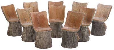 RARE SET OF TEN FRENCH CAST STONE FAUX BOIS GARDEN CHAIRS FROM AN ESTATE JUST OUTSIDE OF PARIS. 