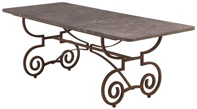 FRENCH IRON TABLE C 1930 HAVING A SCROLL FORM BASE AND A BLUE STONE TOP. French iron table C 