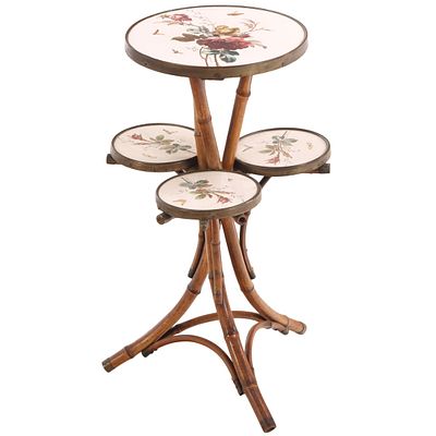 AESTHETIC MOVEMENT BAMBOO AND PORCELAIN PLANT STAND HAVING FLOWERS, BEES AND BUTTERFLY. Aesthetic 