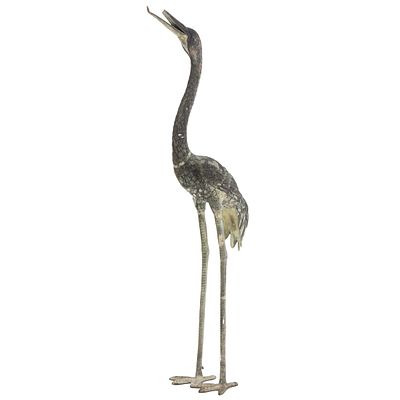 67" BRONZE GARDEN FIGURE OF A CRANE. 67" bronze garden figure of a crane. Ht: 67" Wd: 22" Dpth: 
