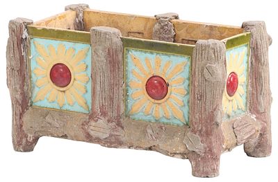 CAST STONE FAUX BOIS TABLE TOP PLANTER EMBEDDED WITH GLAZED CERAMIC TILES. Cast stone faux bois 