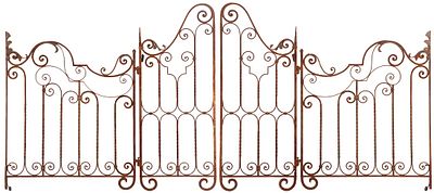 PAIR OF SCROLL FORM IRON DRIVEWAY GATES WITH PEDESTRIAN OPTION. C 1910. COULD BE TURNED INTO. Pai 