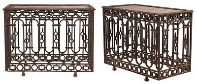 LARGE SCALE PAIR OF IRON PEDESTALS CONSTRUCTED FROM IRON PANELS C 1910. USED AS PEDESTALS FOR. La 