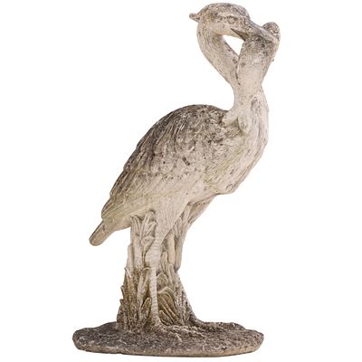 A NICELY DETAILED VINTAGE CAST STONE GARDEN FIGURE OF A STORK WITH A FISH IN ITS MOUTH. A 