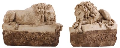 SMALL PAIR CAST MARBLE CANOVA LIONS. Small pair cast marble canova lions. Ht: 8.5" Wd: 12" 