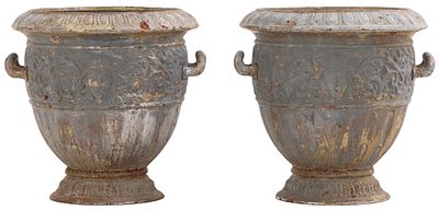 PAIR OF ROUND PAINTED CAST IRON POTS WITH HANDLES HAVING MEDUSA MASK DECORATION. Pair of round 