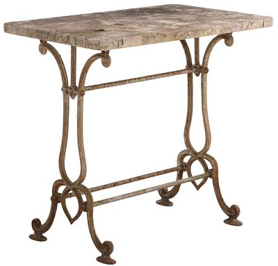 FRENCH CAST IRON MARBLE TOP GARDEN TABLE C 1900. French cast iron marble top garden table C 