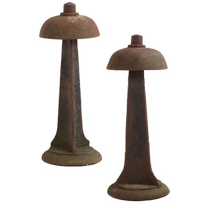 PAIR OF CAST IRON LIGHTING RODS IN THE FORM OF A MUSHROOM C 1910. Pair of cast iron lighting 