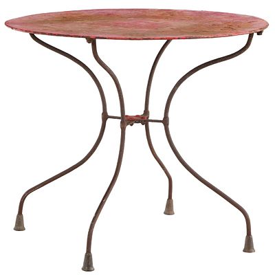 FRENCH ROUND IRON GARDEN TABLE C 1910 HAVING OLD RED PAINT. French round iron garden table C 