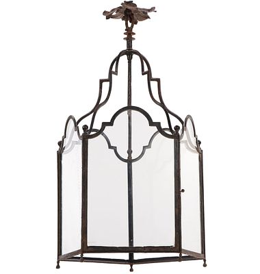 LARGE ENGLISH REGENCY STYLE IRON AND GLASS LANTERN C 1940. Large English Regency style iron and 