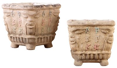 RARE PAIR OF ITALIAN CAST STONE PLANTERS IN AN ASIAN STYLE C 1950. Rare pair of Italian cast 
