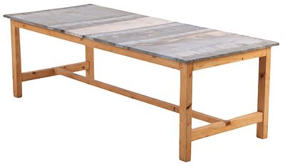 98" PINE ZINC TOP POTTING TABLE. 98" pine zinc top potting table. Ht: 31.75" Wd: 98.5" Dpth: 