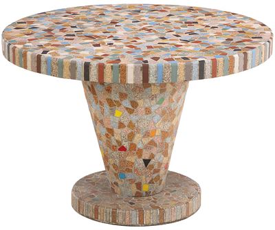 ONE OF TWO ROUND CAST STONE AND CERAMIC MOSAIC TABLES C 1965. TOP IS REMOVABLE. One of two 