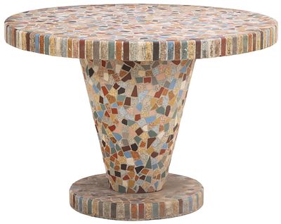 ONE OF TWO ROUND CAST STONE AND CERAMIC MOSAIC TABLES C 1965. TOP IS REMOVABLE. One of two 
