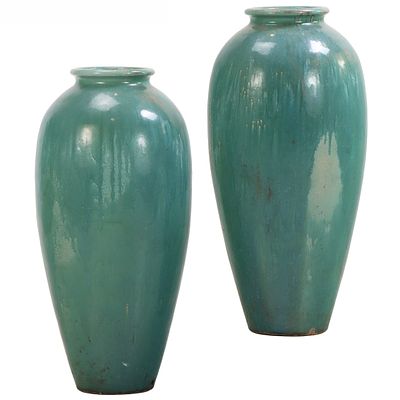 PAIR OF 41" TALL TERRACOTTA POTS HAVING A BLUE GREEN GLAZE ATTRIBUTED TO GALLOWAY C 1940. Pair 