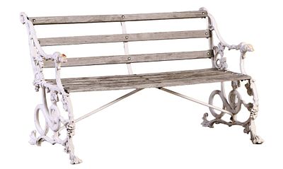 ENGLISH CAST IRON GARDEN BENCH HAVING WOOD SLAT SEAT AND BACK. English cast iron garden bench 