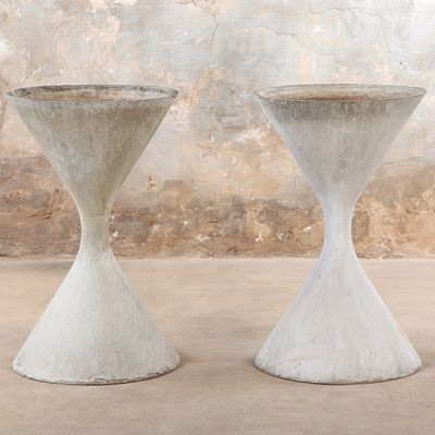 36" PAIR OF FRENCH CAST STONE HOUR GLASS FORM "DIABLO" PLANTERS DESIGNED BY WILLY GUHL C 1970. 36 