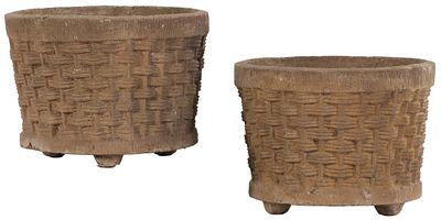PAIR CAST STONE BASKET WEAVE PLANTERS C 1960. Pair cast stone basket weave planters C 1960. Ht: 