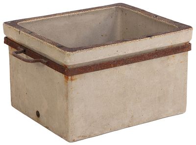 GLAZED EARTHENWARE VESSEL WITH IRON HANDLES AND DRAIN HOLE C 1900. Glazed earthenware vessel 