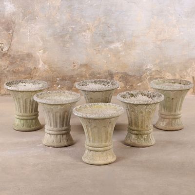 SIX FRENCH CAST STONE TABLE TOP PLANTERS HAVING A NICE SHAPE AND MARKED " GRANDON FRES" C 1960. 