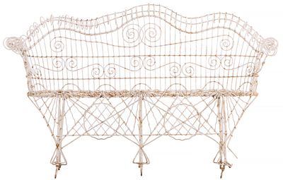 PAINTED WIRE WORK GARDEN BENCH. Painted wire work garden bench. Ht: 34.25" Wd: 55" Dpth: 26" 