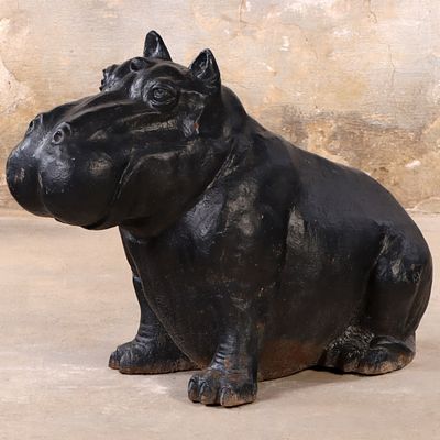 26" TALL PAINTED CAST IRON GARDEN SCULPTURE DEPICTING A HIPPO. 26" tall painted cast iron 
