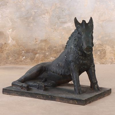 32" TALL PAINTED CAST IRON FIGURE OF A BOAR. AFTER THE ANTIQUE. 32" tall painted cast iron 