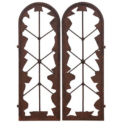 PAIR OF FRENCH ARCHED TOP BRUTALIST STYLE IRON GATES WITH TWIST ELEMENTS C `1960. Pair of 