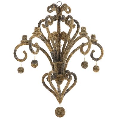 A MULTI-ARM CHANDELIER ENCRUSTED WITH NATURAL SEED PODS. A multi-arm chandelier encrusted with 