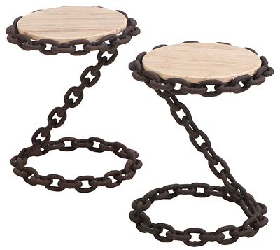 PAIR OF WROUGHT IRON CHAIN LINK TABLES WITH TRAVERTINE TOPS. Pair of wrought iron chain link 