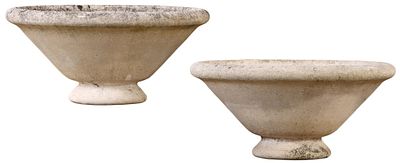 PAIR OF 26" WIDE FRENCH MODERNIST CAST STONE PLANTERS RAISED ON A SMALL BASE C 1970. Pair of 