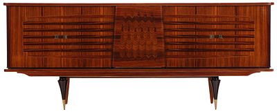 FRENCH MACASSAR EBONY AND SYCAMORE SIDEBOARD HAVING A CENTRAL BAR, INTERIOR DRAWERS AND. French 