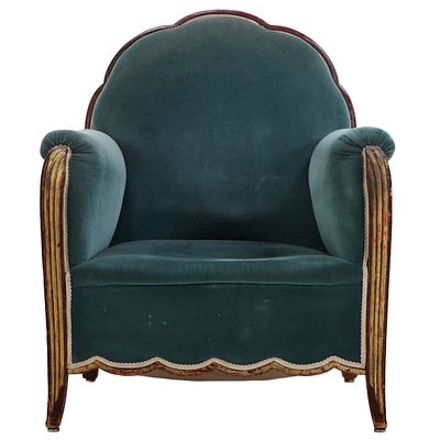 FRENCH ART DECO LOUNGE CHAIR HAVING A SHAPED FRAME C 1920 POSSIBLY BY ANDRE FRECHET (1875-1973). 