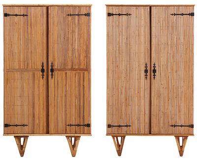 A NEAR PAIR OF FRENCH RATTAN TWO DOOR CABINETS C 1960. CABINETS CAN BE DISMANTLED TO FLAT. A 