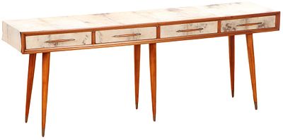 FOUR DRAWER WOOD AND PARCHMENT CONSOLE TABLE IN THE MANNER OF GIO PONTI C 1950. Four drawer 
